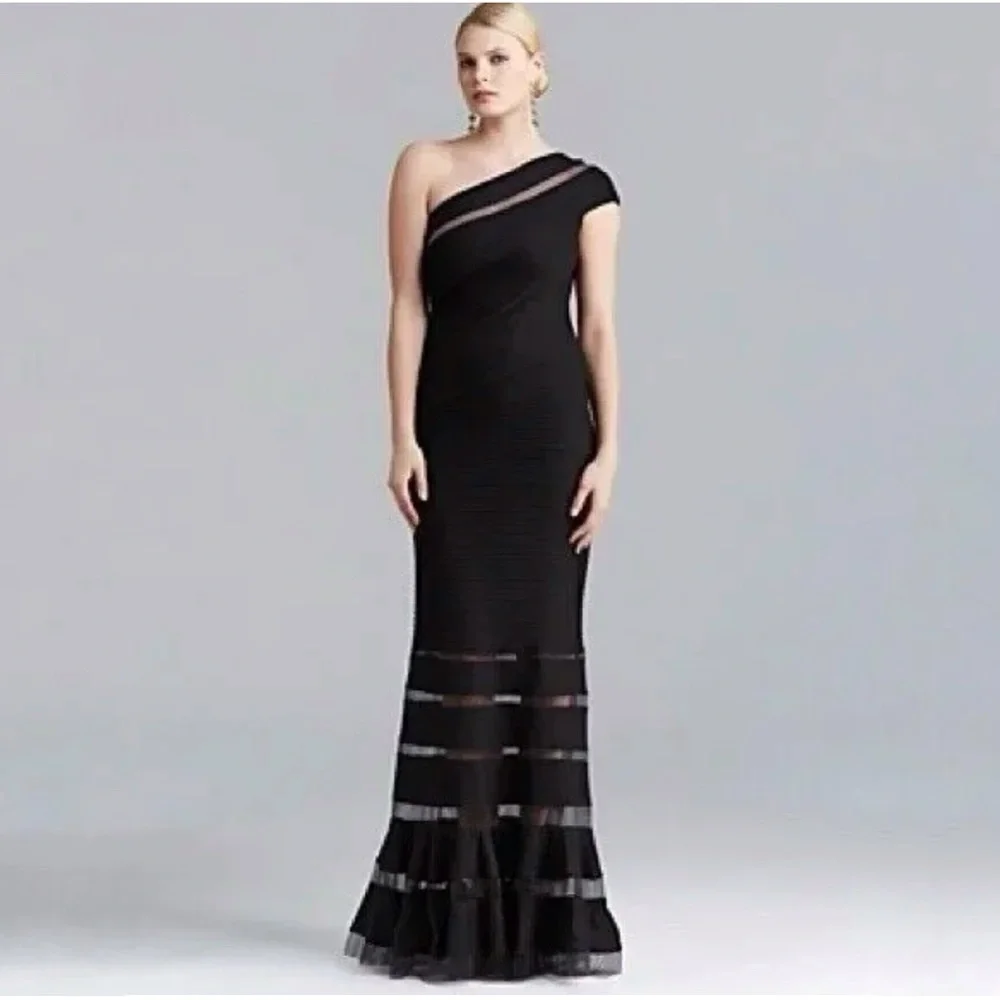 TADASHI SHOJI BLACK RIBBED ONE SHOULDER FLARE MERMAID BOTTOM DRESS GOWN - Picture 1 of 10